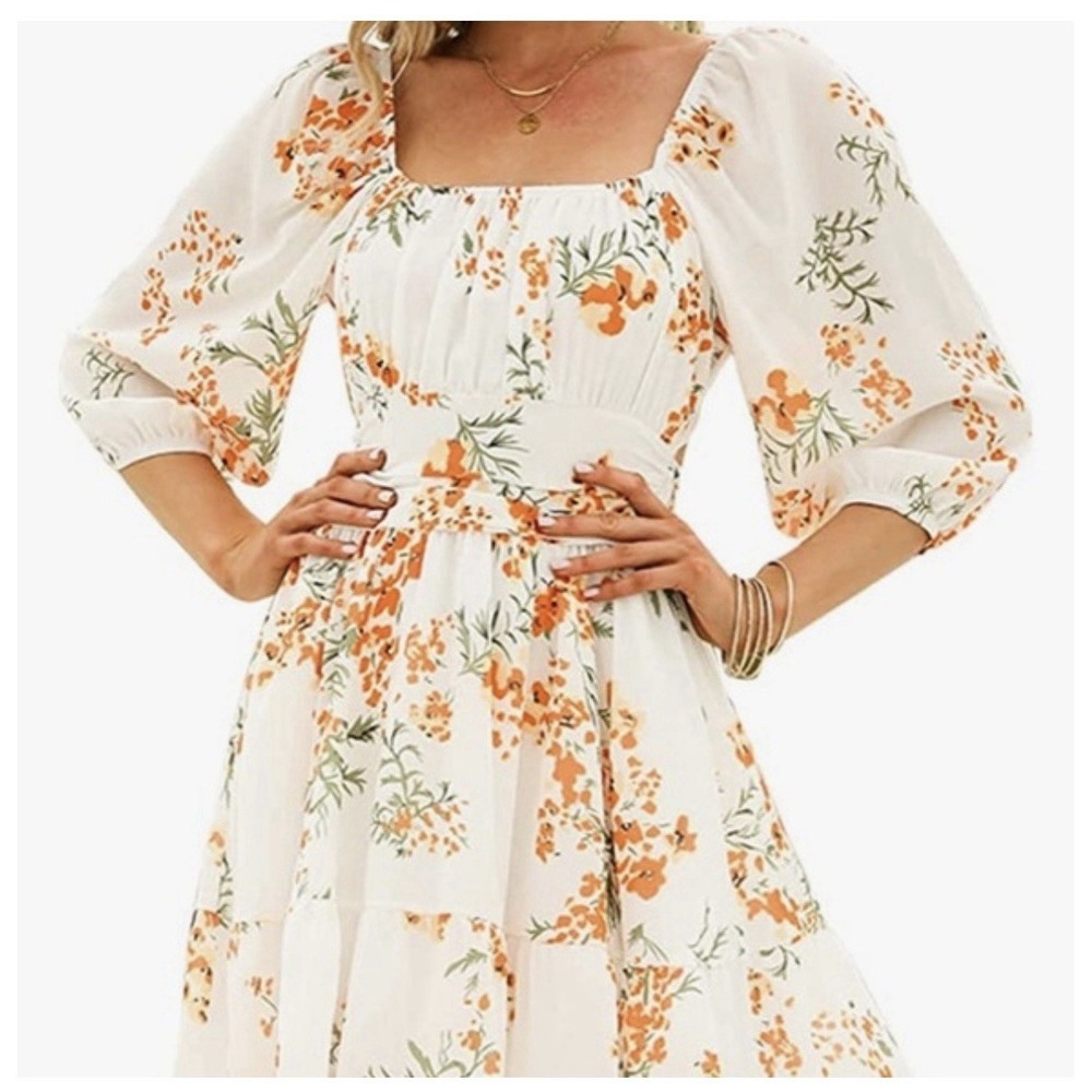 Exlura Womens Dress Floral Tie Back Elastic waist Sz Medium Puff Sleeve